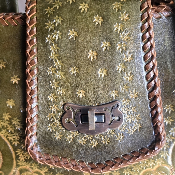 Vintage Tooled Leather Brown Olive Green Mexican Bag Purse Floral Braided - Picture 5 of 16